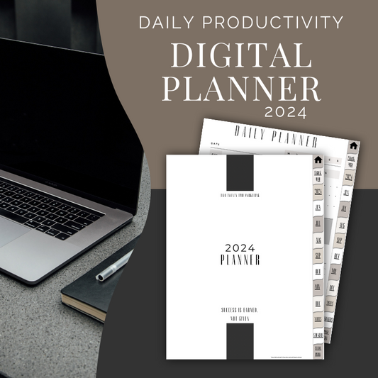 Daily Productivity Digital Planner for 2024 in modern colors of black, white, and beige made by two twenty two marketing a planner for daily business, self employment, and  entreprenuers using social media