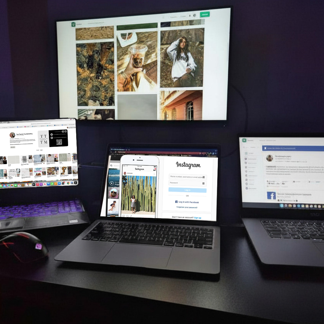 four computer screens against a dark background. Each screen features a different social media platform, Instagram, Facebook, and Pinterest.